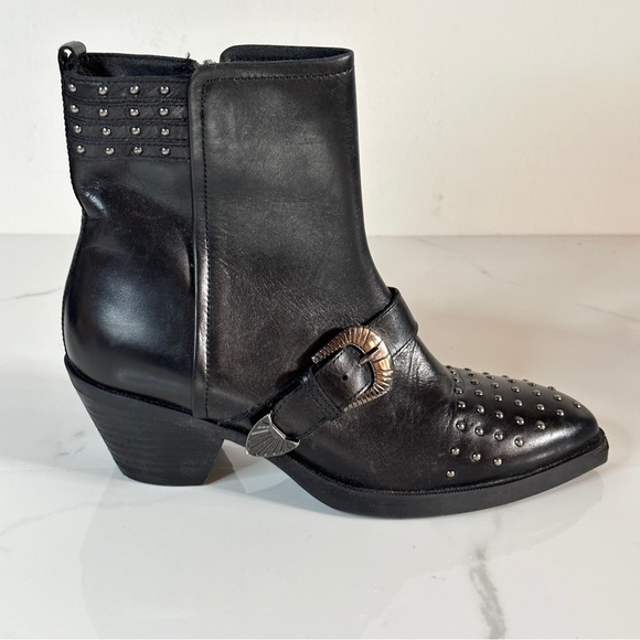 GEOX Italian Leather Western Ankle Boots 7.5 Studded Black LOVAI Low - Picture 2 of 7